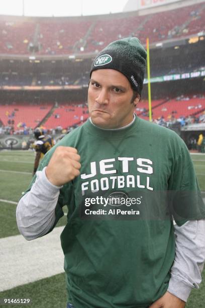 New York Jets Fan Jeremy Garelick enjoys the action from the sideline of the game against the Tennessee Titans at Giants Stadium on September 27,...