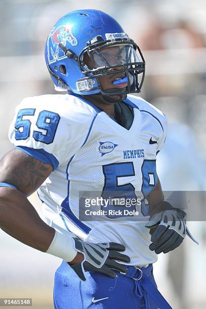 Linebacker Cory Hogue of the Memphis Tigers lines up against the Central Florida Knights at Bright House Networks Stadium on October 3, 2009 in...