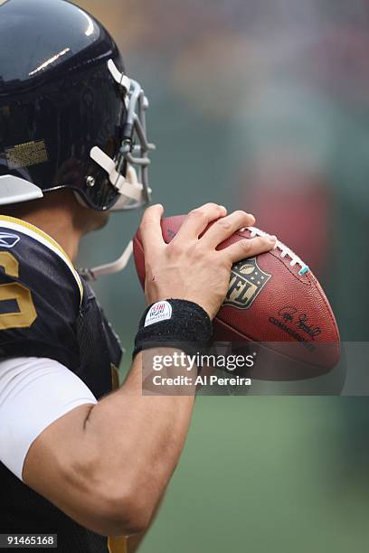 Close-up view when Quarterback Mark Sanchez of the New York Jets passes the ball against the Tennessee Titans at Giants Stadium on September 27, 2009...