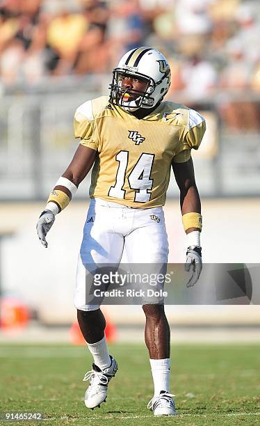 Kick returner Quincy McDuffie of the Central Florida Knights lines up for a play during the game against the Memphis Tigers at Bright House Networks...