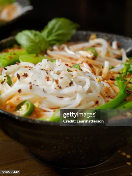 curry vermelho de sopa de macarrão com brócolis, brotos de feijão e manjericão fresco, - sopa de curry - fotografias e filmes do acervo