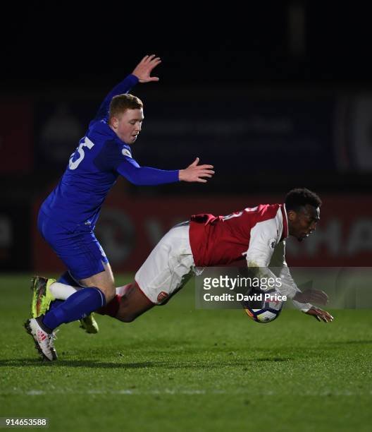 Tolaji Bola of Arsenal is fouled by Shayne Lavery of Everton during the Premier League 2 match between Arsenal and Everton at Meadow Park on February...