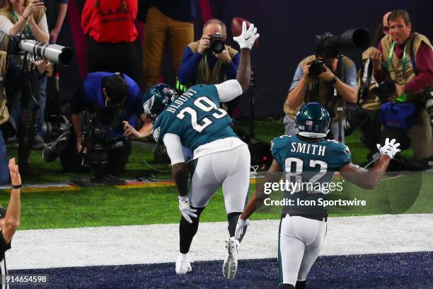 Philadelphia Eagles running back LeGarrette Blount spikes the ball after he scores a touchdown during Super Bowl LII on February 4 at U.S. Bank...