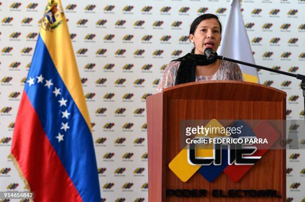 The director of the National Electoral Council , Tania D'Amelio, talks with the media during a press conference in Caracas on February 5, 2018. -...