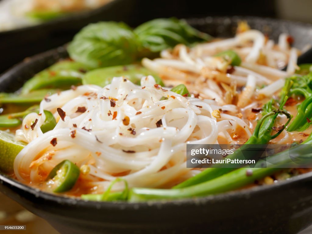 Red Curry Noodle Soup with Broccolini, Bean Sprouts and Fresh Basil,