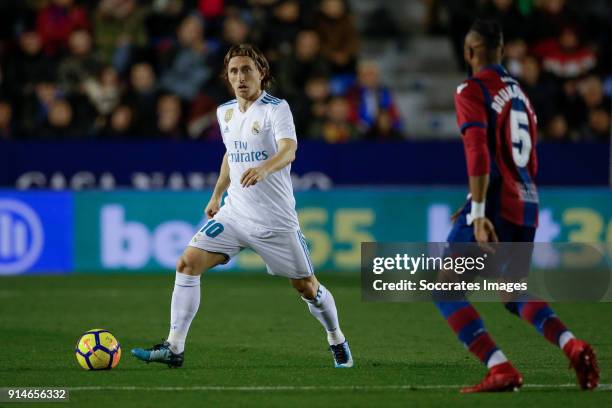 Luka Modric of Real Madrid, Cheick Doukoure of Levante during the La Liga Santander match between Levante v Real Madrid at the Estadi Ciutat de...