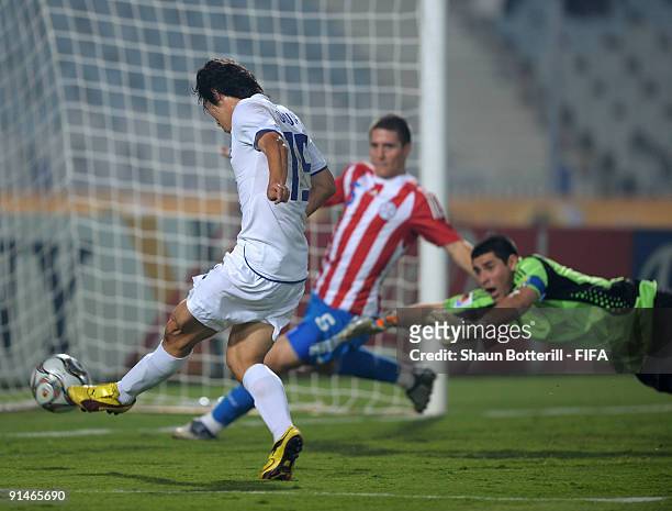 Bo Kyung Kim of Korea Republic scores during the FIFA U20 World Cup Round of 16 match between Paraguay and Korea Republic at the Cairo International...