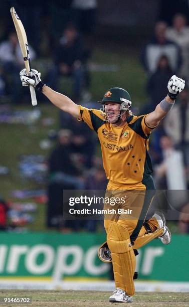 Shane Watson of Australia celebrates victory and his century during the ICC Champions Trophy Final between Australia and New Zealand played at...