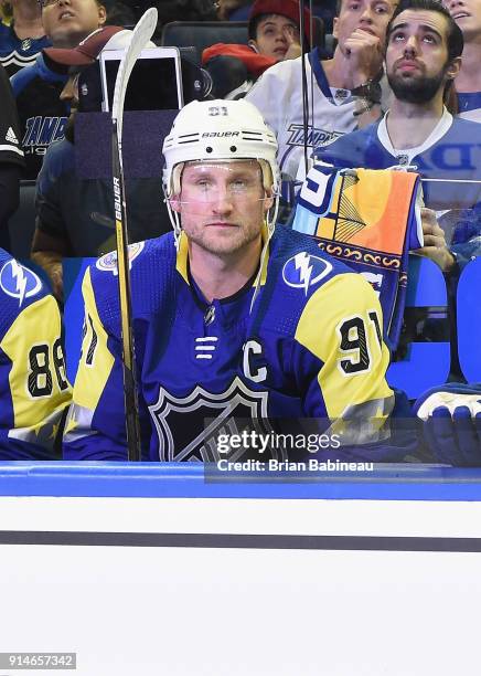 Steven Stamkos of the Tampa Bay Lightning sits n the bench before the 2018 Honda NHL All-Star Game between the Atlantic Division and the Metropolitan...