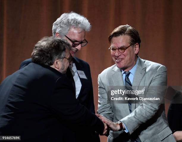 Filmmaker Guillermo del Toro, visual effects artist Ben Morris and screenwriter Aaron Sorkin attend the 90th Annual Academy Awards Nominee Luncheon...