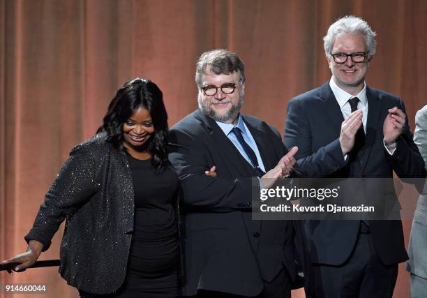 Actor Octavia Spencer, filmmaker Guillermo del Toro, and visual effects artist Ben Morris attend the 90th Annual Academy Awards Nominee Luncheon at...