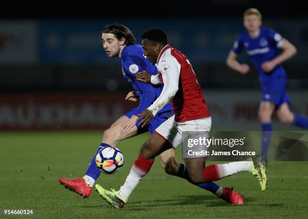 Anthony Evans of Everton is challenged by Tolaji Bola of Arsenal during the Premier League 2 match between Arsenal and Everton at Meadow Park on...