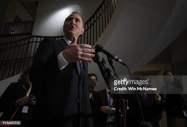 Rep. Adam Schiff , ranking member of the House Permanent Select Committee on Intelligence, answers questions following a committee meeting at the...