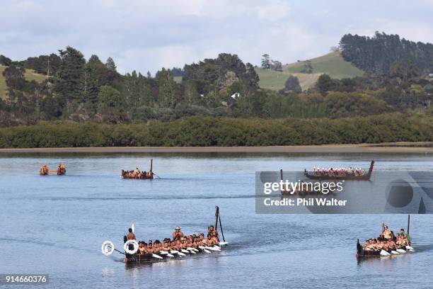 Fleet of Waka make their way to Te Ti Bay on February 6, 2018 in Waitangi, New Zealand. The Waitangi Day national holiday celebrates the signing of...