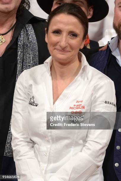 French chef Anne Sophie Pic poses during Michelin ceremony Award 2018 at Philharmonie De Paris on February 5, 2018 in Paris, France. The 2018...