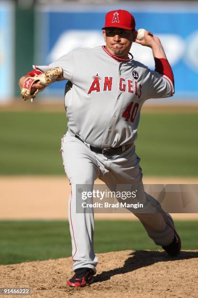 Brian Fuentes of the Los Angeles Angels of Anaheim pitches against the Oakland Athletics during the game at the Oakland-Alameda County Coliseum on...