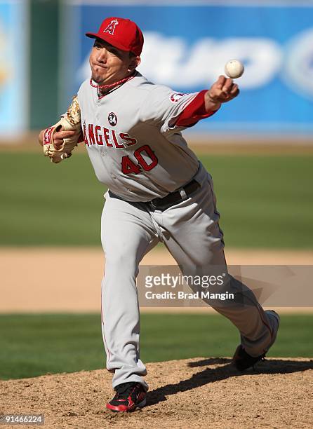 Brian Fuentes of the Los Angeles Angels of Anaheim pitches against the Oakland Athletics during the game at the Oakland-Alameda County Coliseum on...