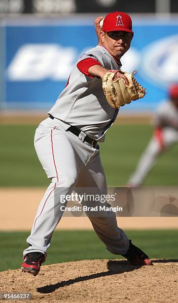 Brian Fuentes of the Los Angeles Angels of Anaheim pitches against the Oakland Athletics during the game at the Oakland-Alameda County Coliseum on...