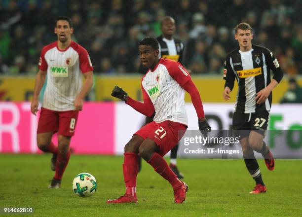 Sergio Cordova of Augsburg controls the ball during the Bundesliga match between Borussia Moenchengladbach and FC Augsburg at Borussia-Park on...