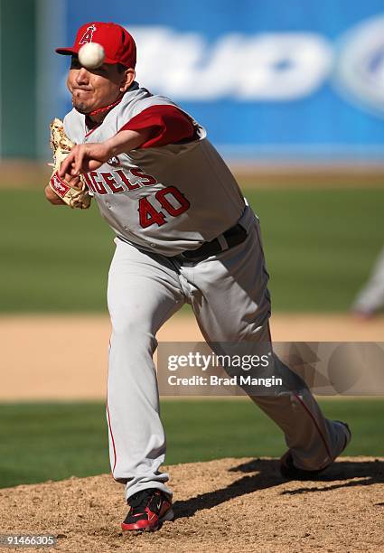 Brian Fuentes of the Los Angeles Angels of Anaheim pitches against the Oakland Athletics during the game at the Oakland-Alameda County Coliseum on...