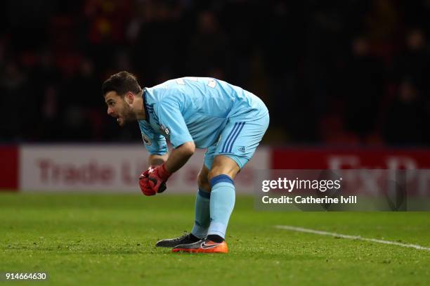 Orestis Karnezis of Watford during the Premier League match between Watford and Chelsea at Vicarage Road on February 5, 2018 in Watford, England.