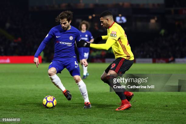 Cesc Fabregas of Chelsea and Etienne Capoue of Watford during the Premier League match between Watford and Chelsea at Vicarage Road on February 5,...