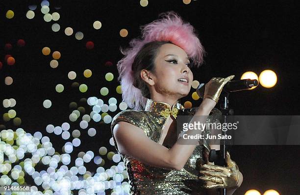 Singer Aisa Senda of DA MOUTH performs on stage on the first day of the three-day F1 Rocks Singapore concert at Fort Canning Park on September 24,...