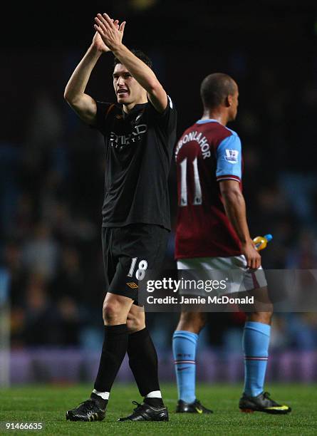 Gareth Barry of Manchester City applauds the fans at the end of the Barclays Premier League match between Aston Villa and Manchester City at Villa...