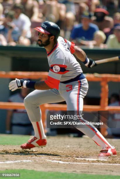 Outfielder Harold Baines of the Chicago White Sox at bat during a game in 1984 against the California Angels at Anaheim Stadium in Anaheim, CA....