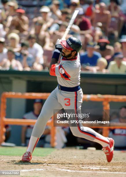 Outfielder Harold Baines of the Chicago White Sox at bat during a game in 1984 against the California Angels at Anaheim Stadium in Anaheim, CA....