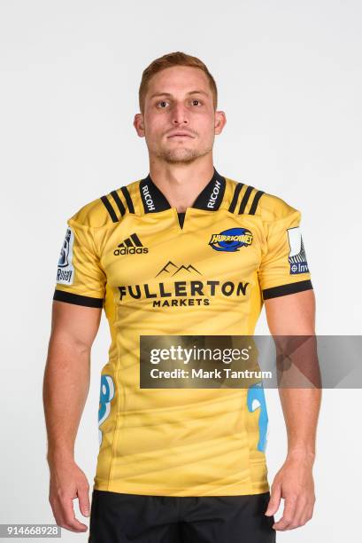 Ihaia West poses during the Wellington Hurricanes 2018 Super Rugby headshots session on December 15, 2017 in Wellington, New Zealand.