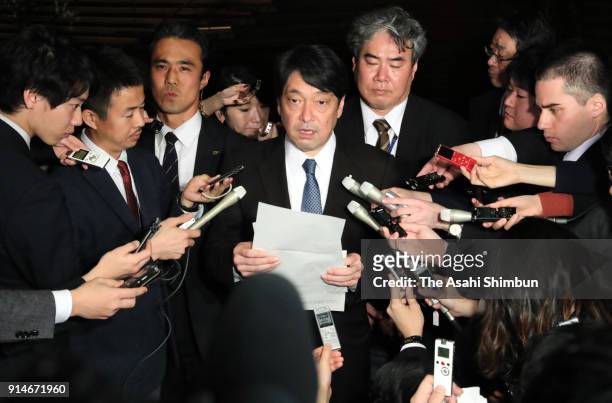 Defense Minister Itsunori Onodera speaks to media reporters after his meeting with Prime Minister Shinzo Abe to discuss about a Japan Ground...