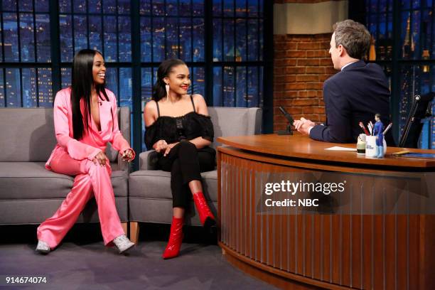 Episode 646 -- Pictured: Actress Nafessa Williams and China Anne McClain during an interview with host SEth Meyers on February 5, 2018 --