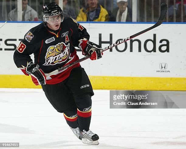 Joey Hishon of the Owen Sound Attack skates in a game against the London Knights on October 2, 2009 at the John Labatt Centre in London, Ontario. The...