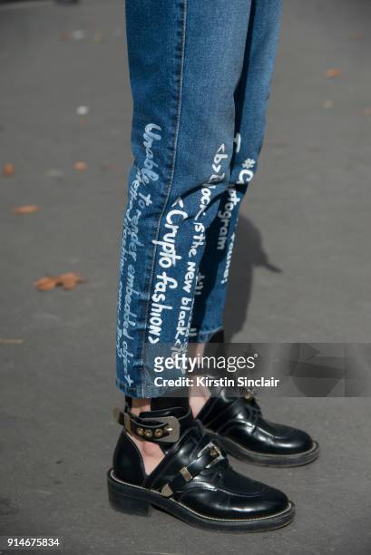 Fashion designer and founder of fashion label Anna K, Anna Karenina wears Anna K jeans and Balenciaga shoes day 5 of Paris Womens Fashion Week...