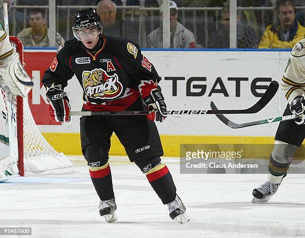 Joey Hishon of the Owen Sound Attack skates in a game against the London Knights on October 2, 2009 at the John Labatt Centre in London, Ontario. The...