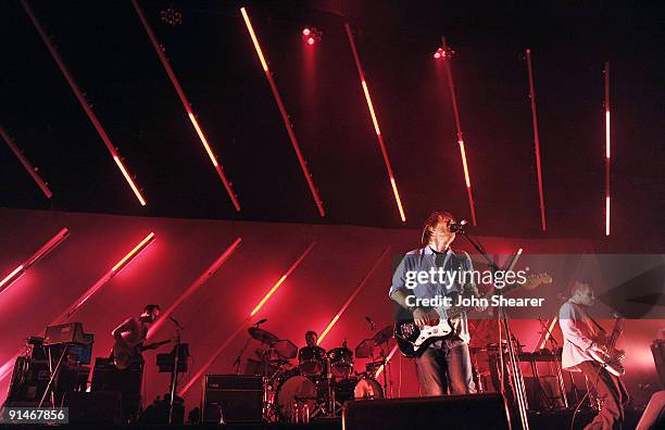 Musicians Nigel Godrich, Joey Waronker, Thom Yorke, and Flea perform at the Orpheum Theatre on October 4, 2009 in Los Angeles, California.