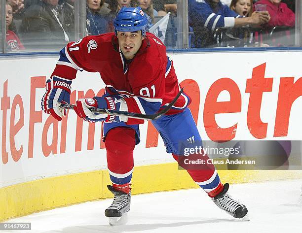 Scott Gomez of the Montreal Canadiens skates in a game against the Toronto Maple Leafs on October 1, 2009 at the Air Canada Centre in Toronto,...