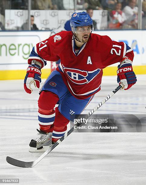 Brian Gionta of the Montreal Canadiens skates in a game against the Toronto Maple Leafs on October 1, 2009 at the Air Canada Centre in Toronto,...
