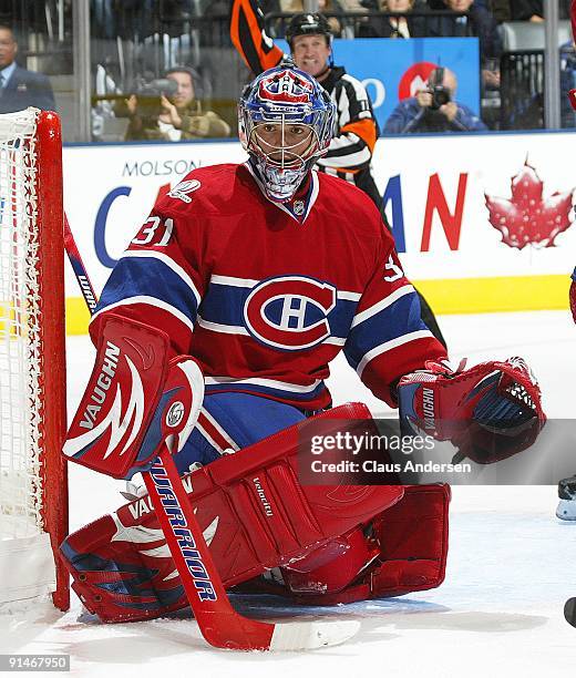 Carey Price of the Montreal Canadiens watches for a shot in a game against the Toronto Maple Leafs on October 1, 2009 at the Air Canada Centre in...