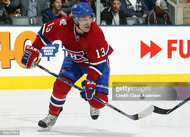 Mike Cammallari of the Montreal Canadiens skates in a game against the Toronto Maple Leafs on October 1, 2009 at the Air Canada Centre in Toronto,...