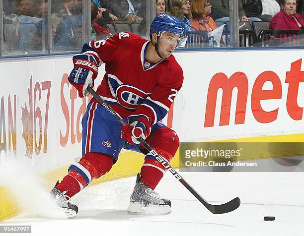 Josh Gorges of the Montreal Canadiens handles the puck in a game against the Toronto Maple Leafs on October 1, 2009 at the Air Canada Centre in...