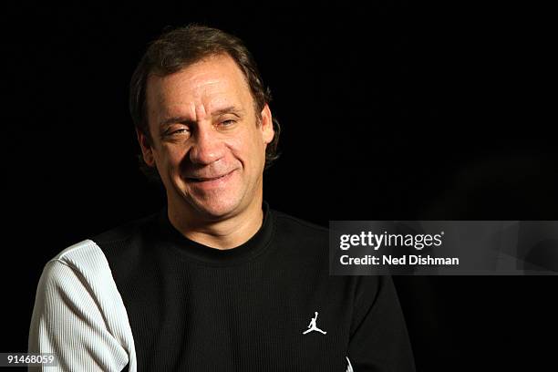 Head Coach Flip Saunders of the Washington Wizards smiles during and interview the 2009 NBA Training Camp at the Siegel Center on the campus of...