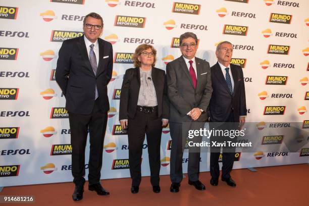 Santi Nolla, guest, Enric Millo and Javier Godo attend the photocall of the 70th Mundo Deportivo Gala on February 5, 2018 in Barcelona, Spain.