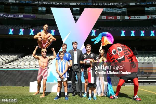 Shaun Atley of North Melbourne and Jack Billings of St.Kilda pose with AFL CEO Gillon McLachlan during the AFLX Season Launch at Etihad Stadium on...