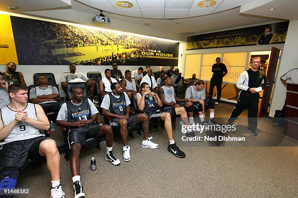 Head Coach Flip Saunders of the Washington Wizards speaks to the team during the 2009 NBA Training Camp at the Siegel Center on the campus of...