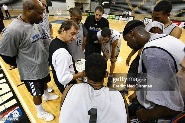 Head Coach Flip Saunders of the Washington Wizards speaks to the team during the 2009 NBA Training Camp at the Siegel Center on the campus of...