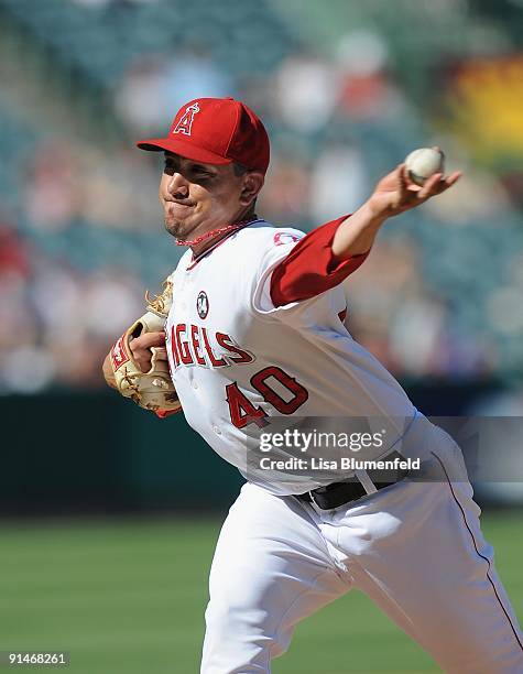 Brian Fuentes of the Los Angeles Angels of Anaheim pitches against the Oakland Athletics at Angel Stadium of Anaheim on September 27, 2009 in...