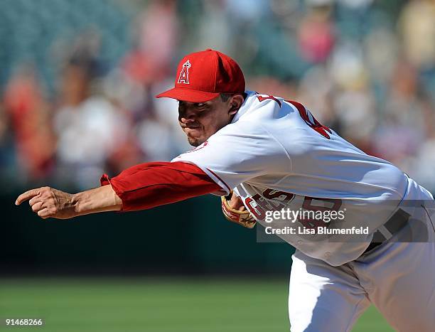 Brian Fuentes of the Los Angeles Angels of Anaheim pitches against the Oakland Athletics at Angel Stadium of Anaheim on September 27, 2009 in...