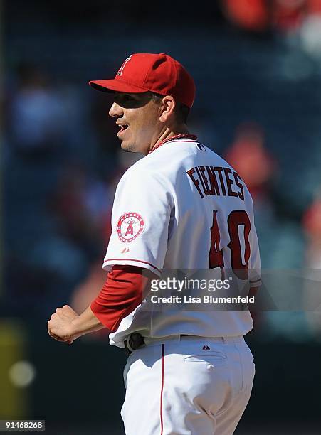 Brian Fuentes of the Los Angeles Angels of Anaheim reacts during the game against the Oakland Athletics at Angel Stadium of Anaheim on September 27,...